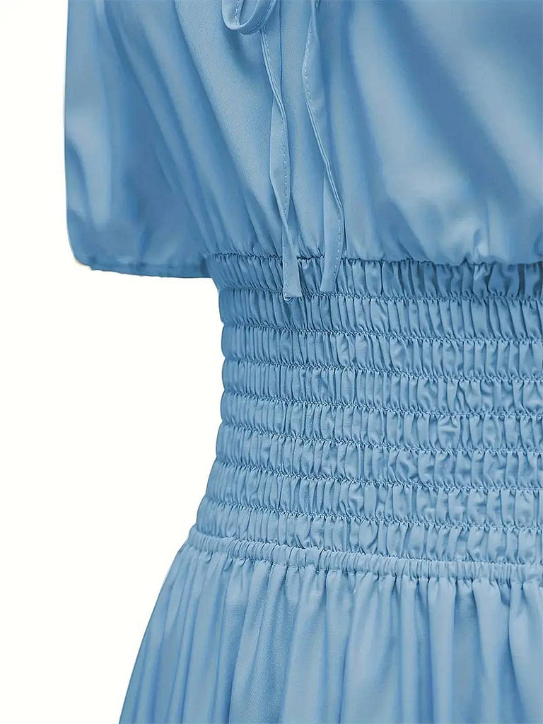 1930s Solid Off-Shoulder Smocked Puff Sleeves Dress — a 1930s silhouette that turns sidewalks into runways