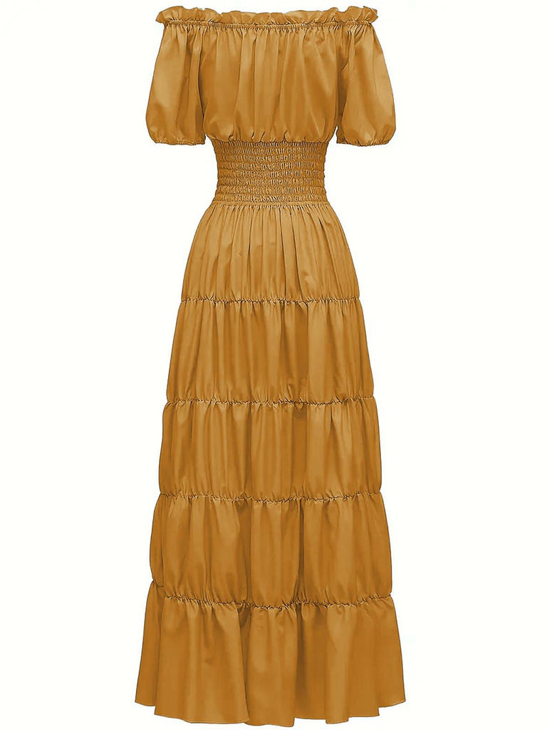 1930s Solid Off-Shoulder Smocked Puff Sleeves Dress: where 1930s romance meets her modern spirit