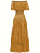 1930s Solid Off-Shoulder Smocked Puff Sleeves Dress: where 1930s romance meets her modern spirit