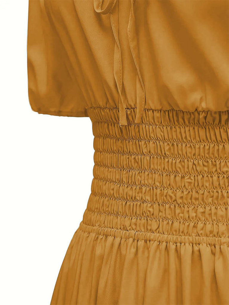 1930s Solid Off-Shoulder Smocked Puff Sleeves Dress — a 1930s silhouette that turns sidewalks into runways