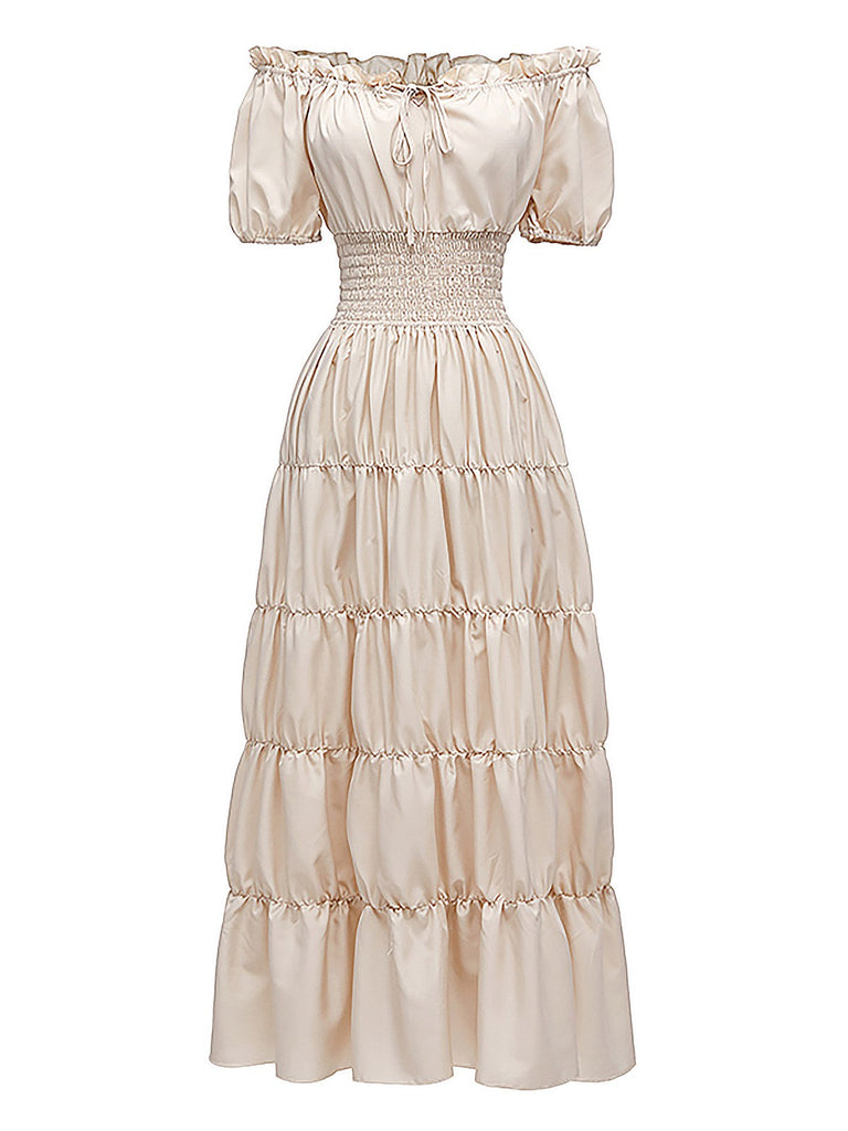 She slips into this 1930s Solid Off-Shoulder Smocked Puff Sleeves Dress and suddenly it's a 1930s daydream