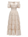 She slips into this 1930s Solid Off-Shoulder Smocked Puff Sleeves Dress and suddenly it's a 1930s daydream