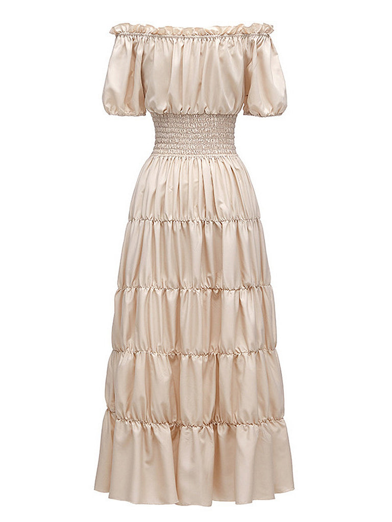 This 1930s Solid Off-Shoulder Smocked Puff Sleeves Dress wraps her in 1930s elegance, one twirl at a time