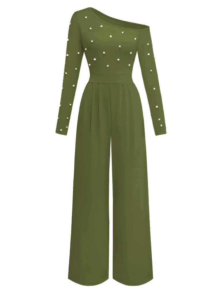1930s Solid One-Shoulder Pearl Detail Long Sleeve Jumpsuit | vintage romper, retro jumpsuit, playful style - perfect for retro fashion enthusiasts