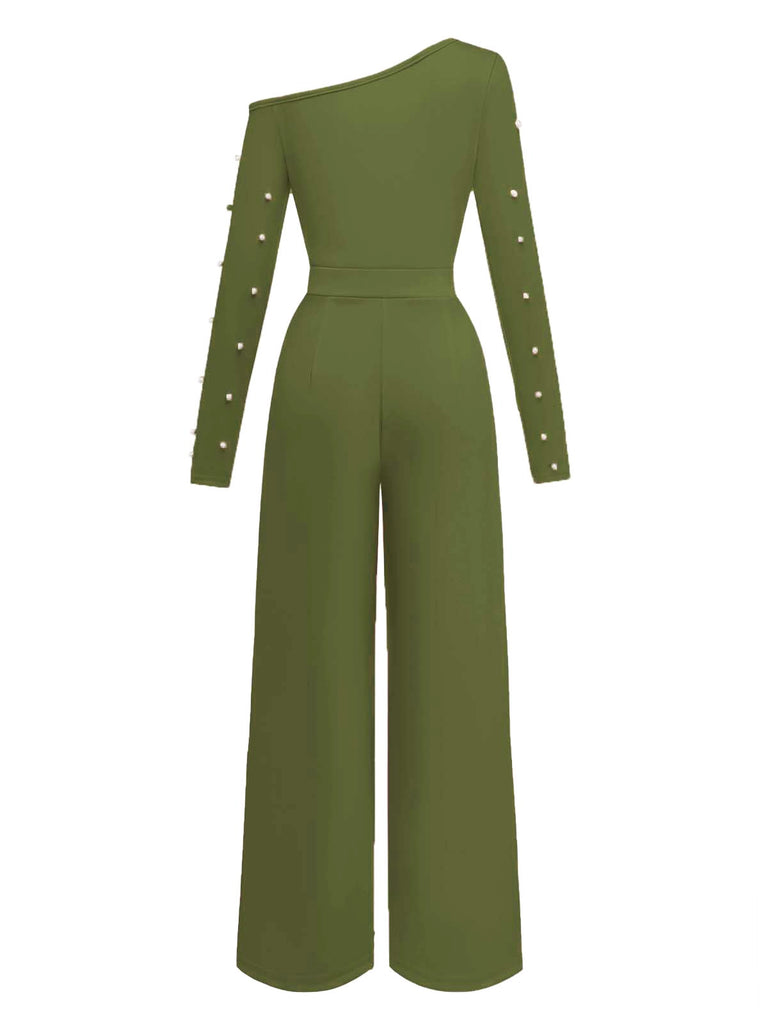 1930s Solid One-Shoulder Pearl Detail Long Sleeve Jumpsuit - vintage romper, retro jumpsuit, playful style for vintage lovers