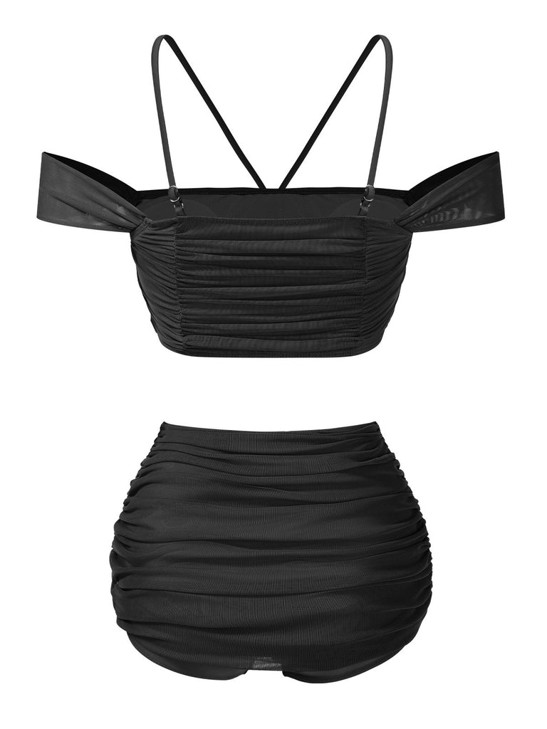 1930s Solid Ruched OffShoulder Halter | 1930s | vintage swimsuit, retro beachwear