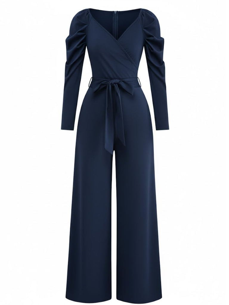 1930s Solid Ruched V-Neck Belted Jumpsuit - vintage jumpsuit, retro fashion