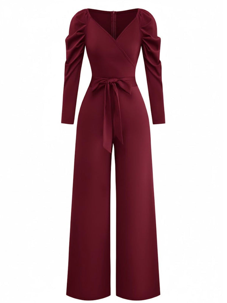 1930s Solid Ruched V-Neck Belted Jumpsuit - vintage jumpsuit, retro fashion