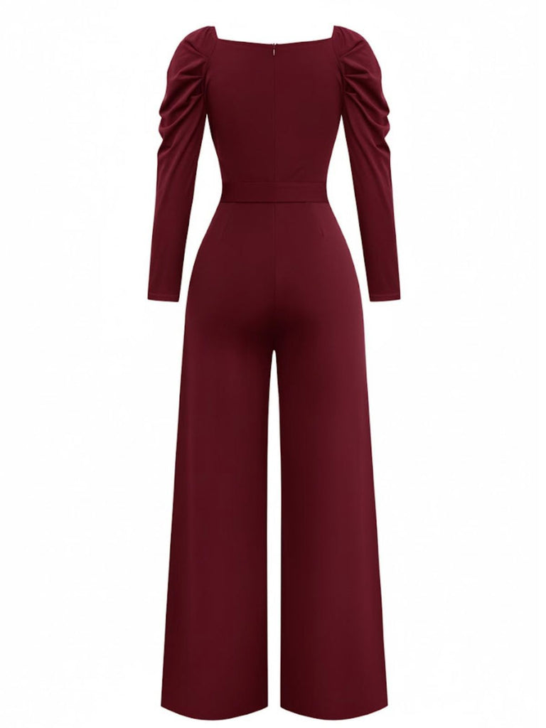 1930s Solid Ruched V-Neck Belted Jumpsuit - vintage jumpsuit, retro fashion