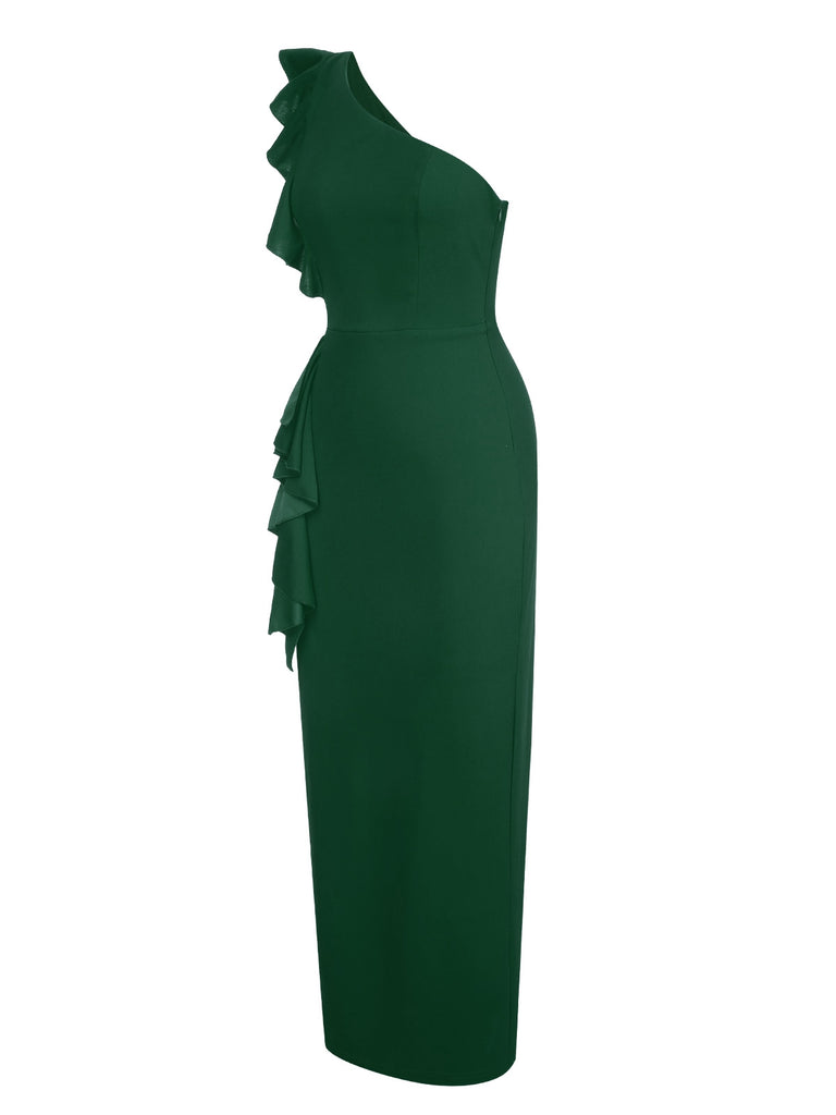 1930s Solid Ruffle One-Shoulder Slit Dress, vintage dress, retro fashion - perfect for women who love vintage and retro fashion