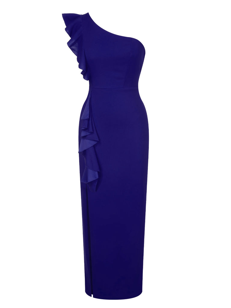 1930s Solid Ruffle One-Shoulder Slit Dress, vintage dress, retro fashion - perfect for women who love vintage and retro fashion