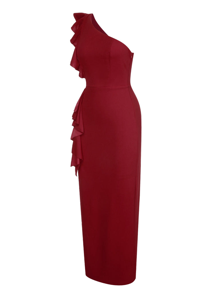 1930s Solid Ruffle One-Shoulder Slit Dress, vintage dress, retro fashion - perfect for women who love vintage and retro fashion