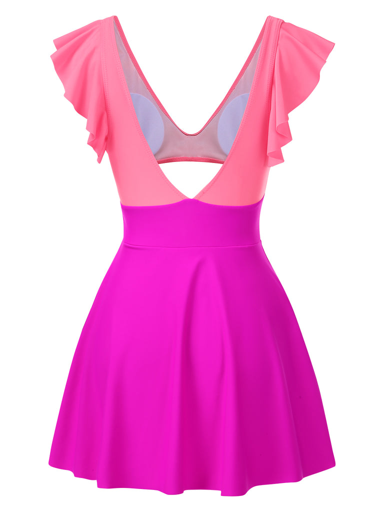 1930s Solid Ruffles Cut-Out Patchwork Swimdress, vintage dress, retro fashion - perfect for women who love vintage and retro fashion