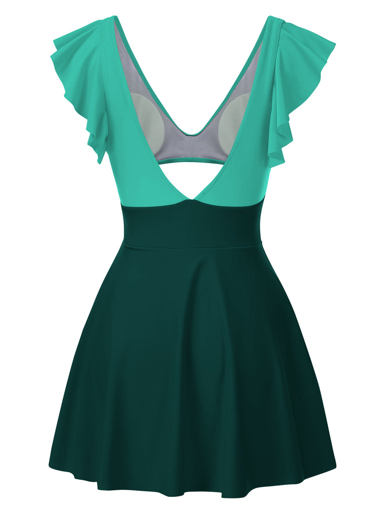 1930s Solid Ruffles Cut-Out Patchwork Swimdress, vintage dress, retro fashion - perfect for women who love vintage and retro fashion