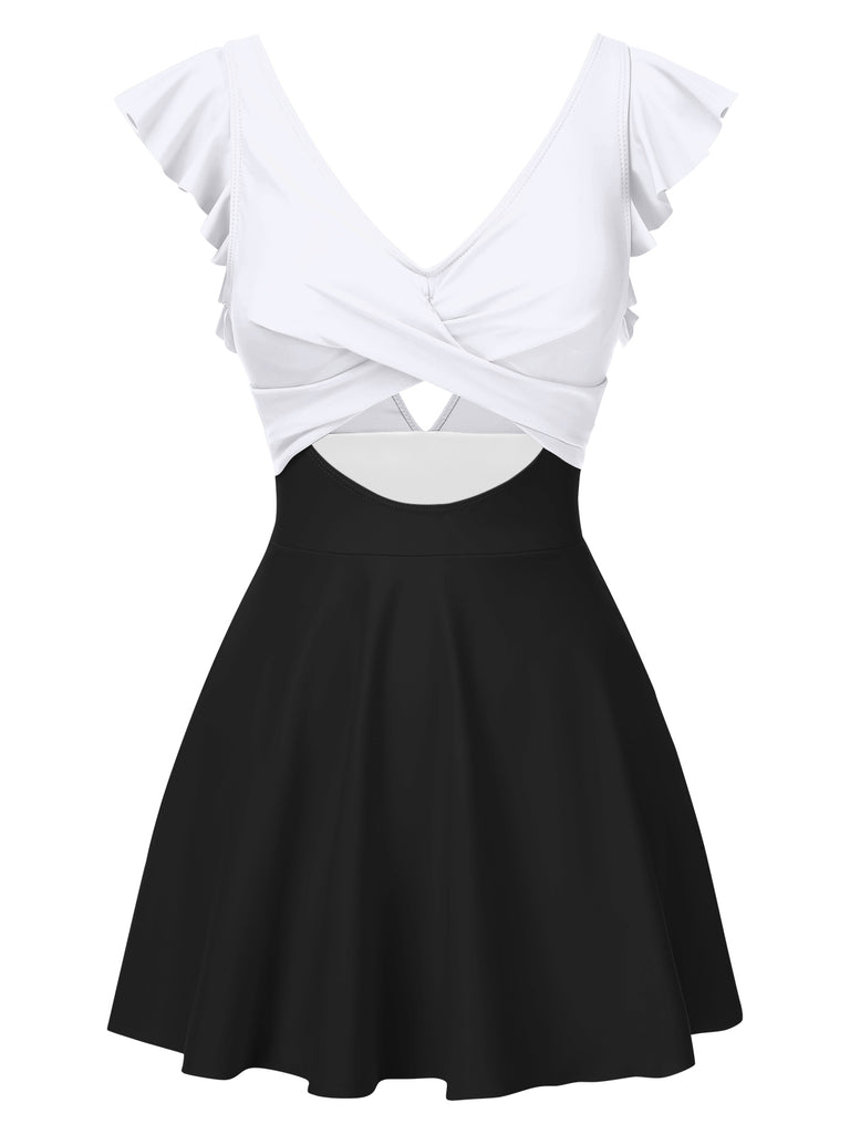 1930s Solid Ruffles Cut-Out Patchwork Swimdress, vintage dress, retro fashion - perfect for women who love vintage and retro fashion