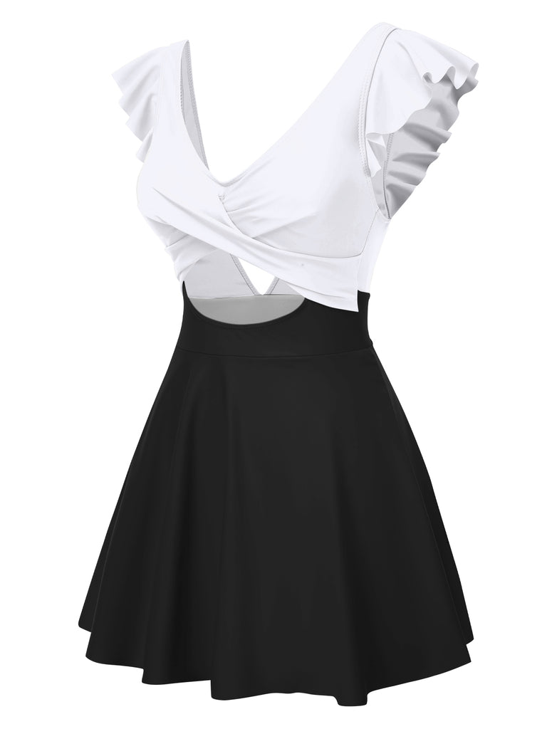 1930s Solid Ruffles Cut-Out Patchwork Swimdress, vintage dress, retro fashion - perfect for women who love vintage and retro fashion