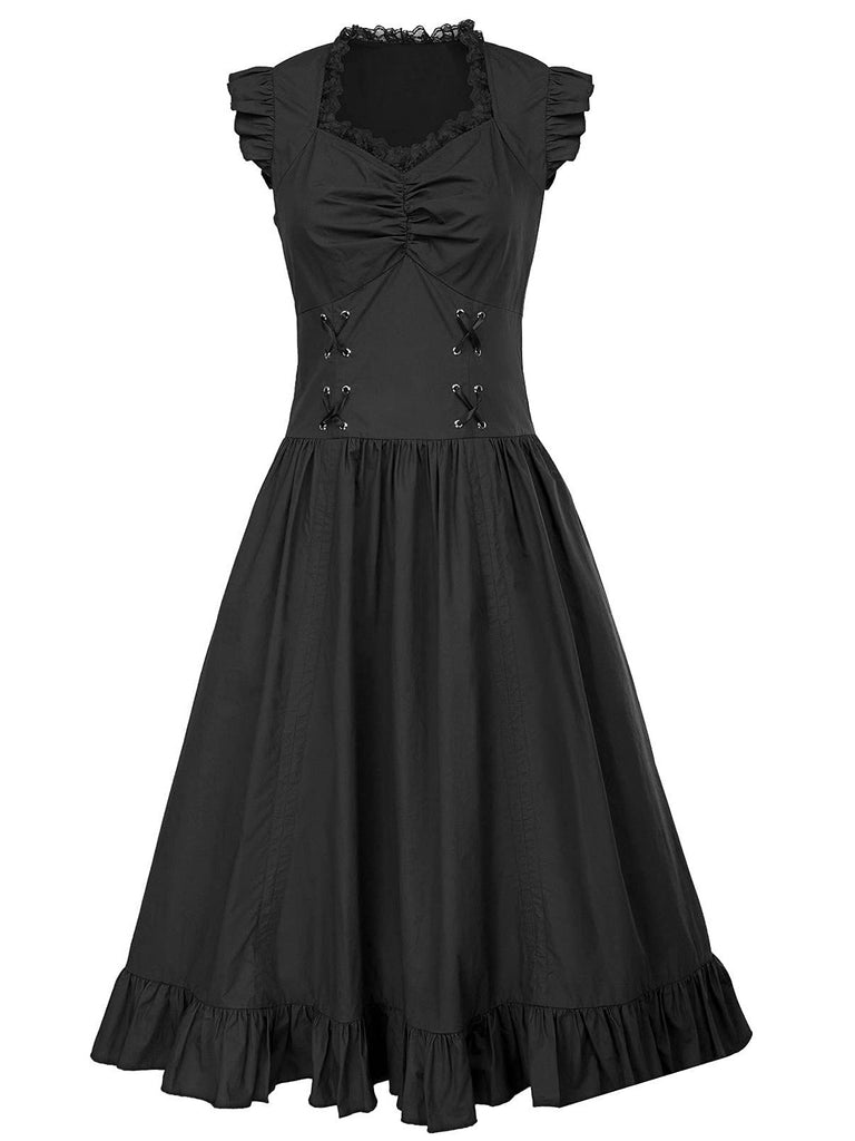 1930s Solid Ruffles Square Neck Steampunk Dress: where 1930s romance meets her modern spirit