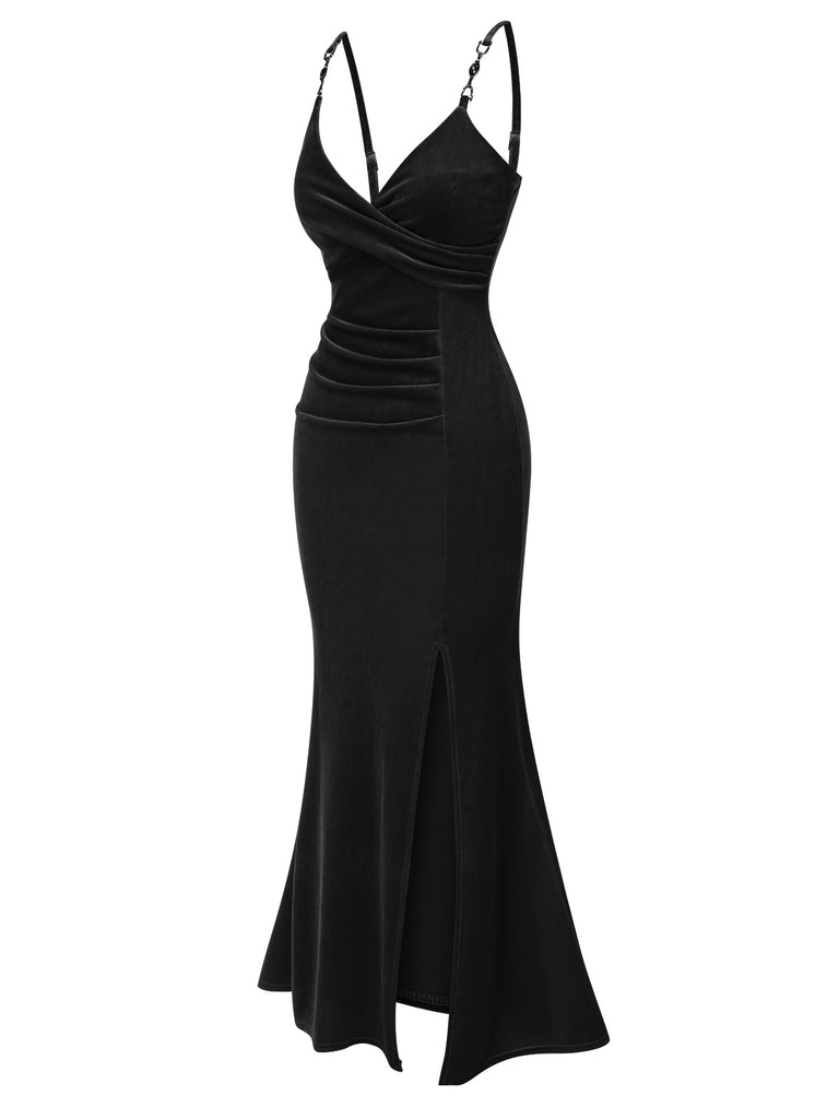 1930s Solid Spaghetti Straps Velvet Pleated Dress, vintage dress, retro fashion - perfect for women who love vintage and retro fashion