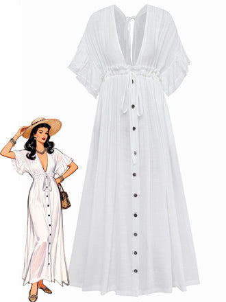 1930s Solid V-Neck Rayon Slub Beach Cover-Up - vintage fashion, retro style