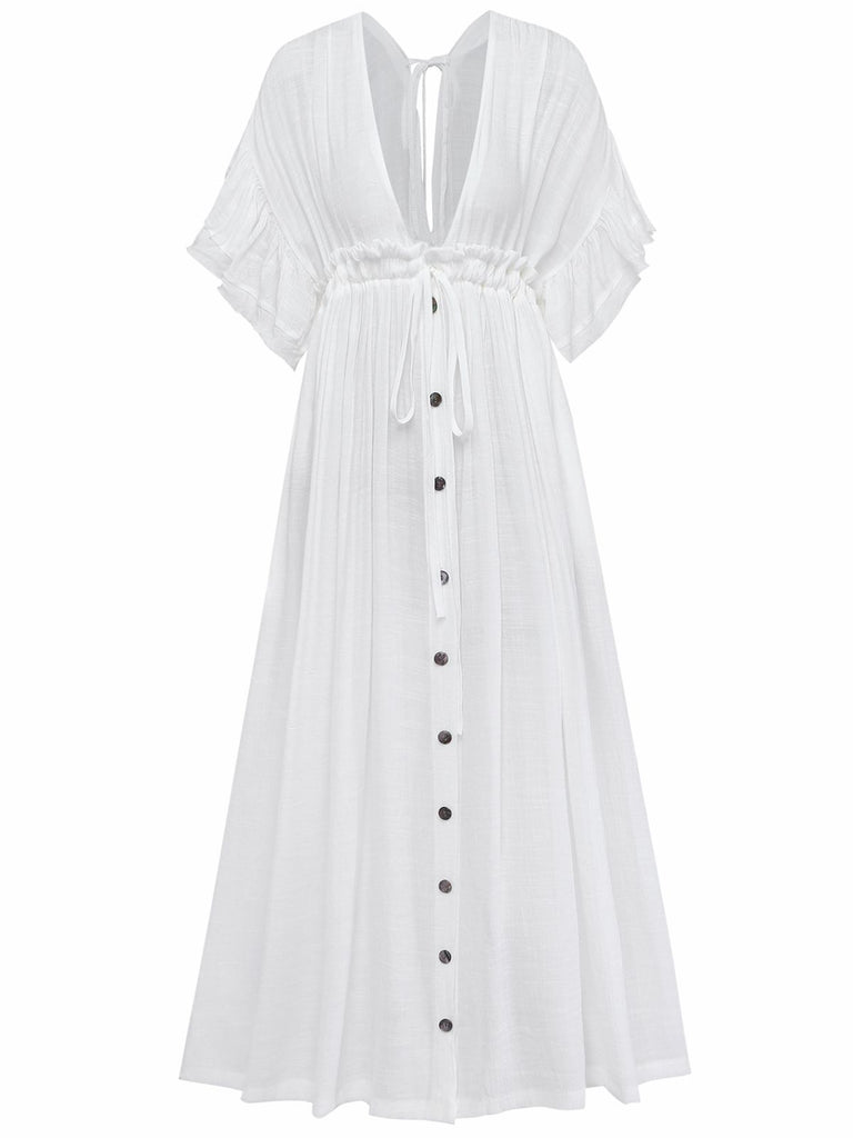 1930s Solid V-Neck Rayon Slub Beach Cover-Up - vintage fashion, retro style