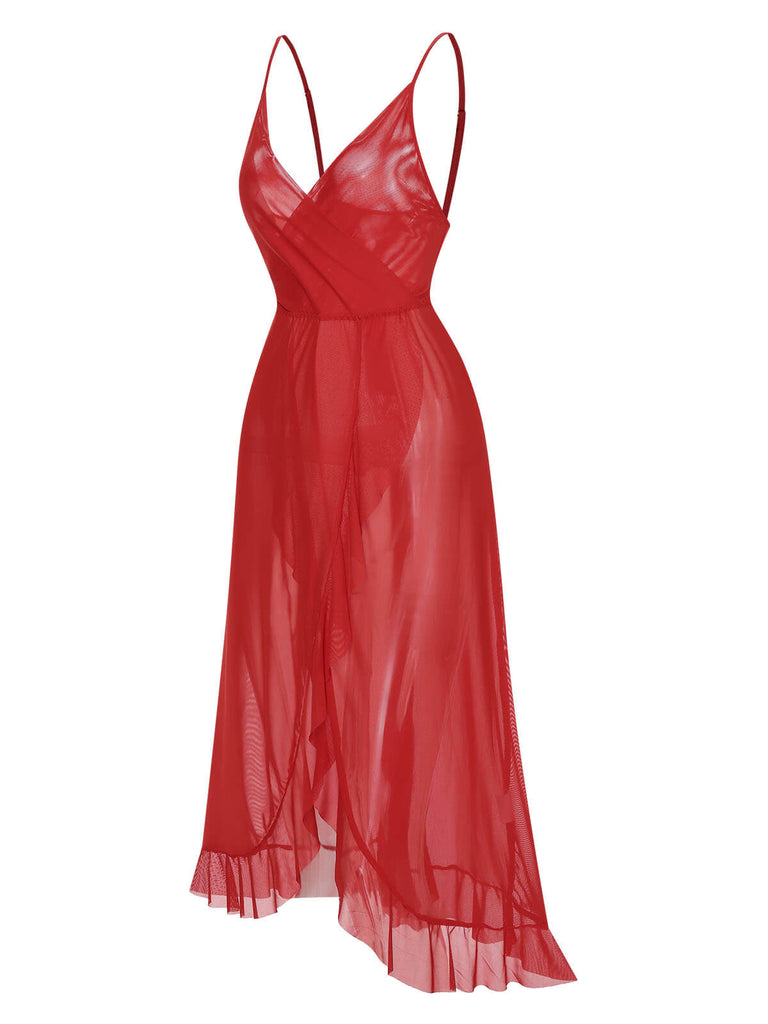 1930s Solid V-Neck Ruffle Sheer Nightgown, vintage fashion, retro style - perfect for women who love vintage and retro fashion