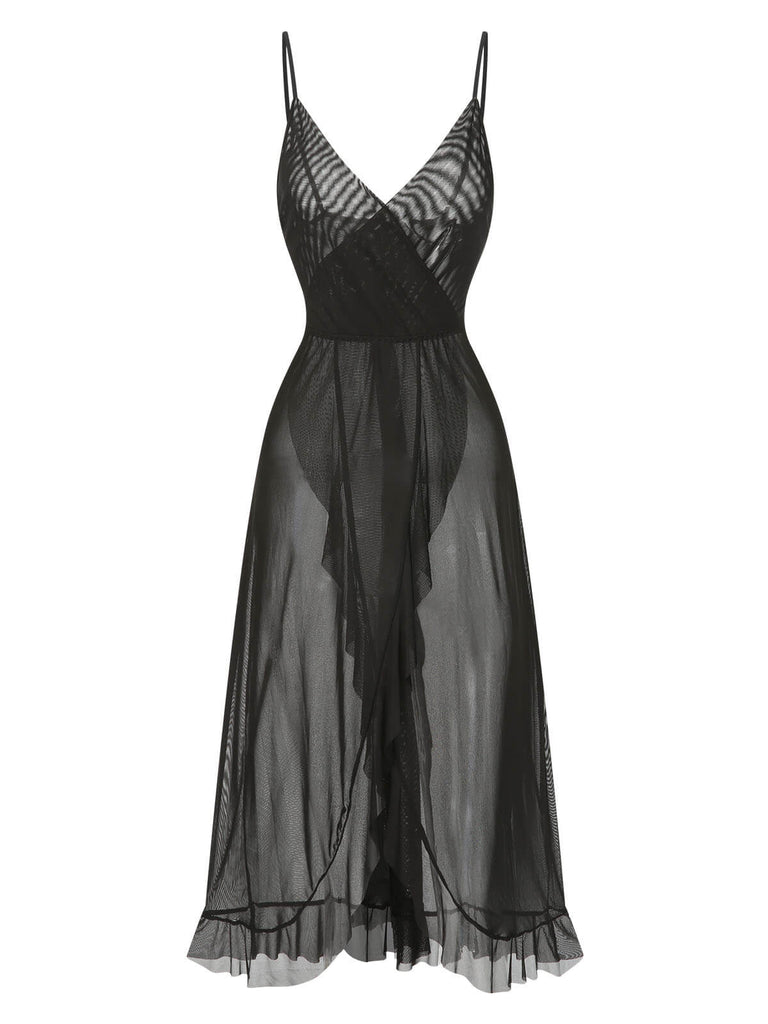 1930s Solid V-Neck Ruffle Sheer Nightgown, vintage fashion, retro style - perfect for women who love vintage and retro fashion