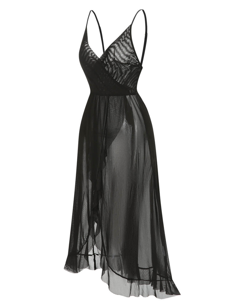 1930s Solid V-Neck Ruffle Sheer Nightgown, vintage fashion, retro style - perfect for women who love vintage and retro fashion