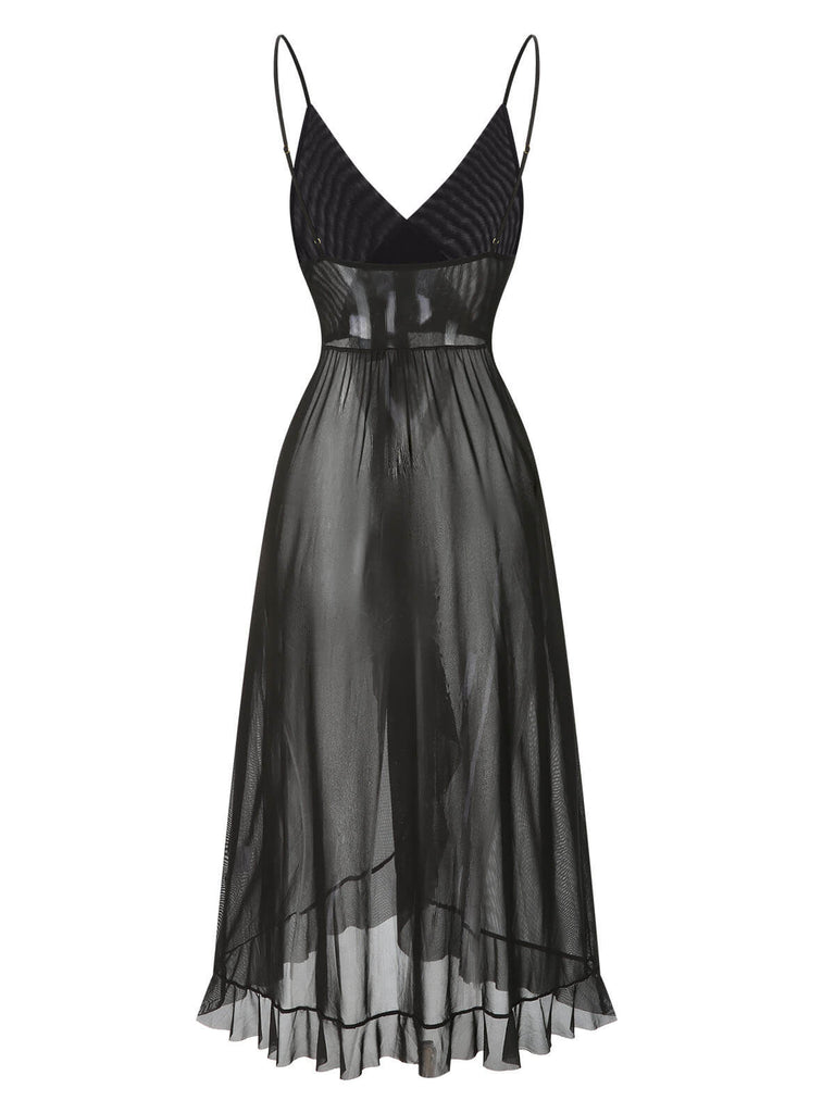 1930s Solid V-Neck Ruffle Sheer Nightgown, vintage fashion, retro style - perfect for women who love vintage and retro fashion
