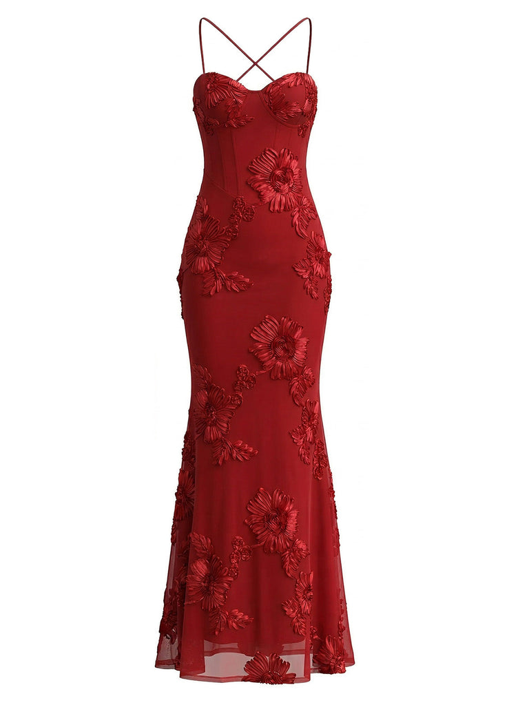 1930s Spaghetti Strap 3D Floral Maxi Mermaid Dress | vintage dress, retro fashion, elegant style - perfect for retro fashion enthusiasts