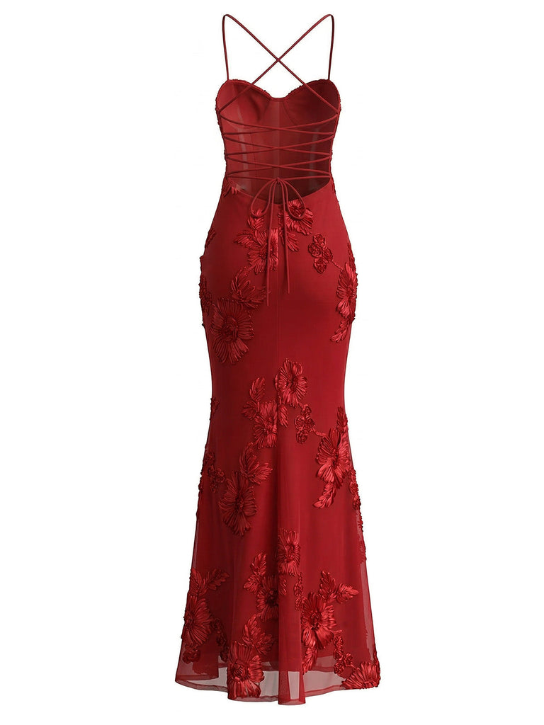 1930s Spaghetti Strap 3D Floral Maxi Mermaid Dress - vintage dress, retro fashion, elegant style for vintage lovers