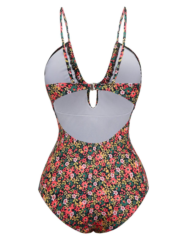 1930s Spaghetti Strap Ditsy Floral One-Piece Swimsuit: 1930s Riviera elegance, reimagined for her