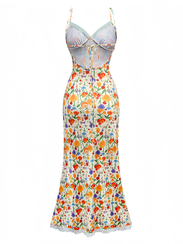 1930s Spaghetti Strap Floral Lace Backless Dress - vintage dress, retro fashion