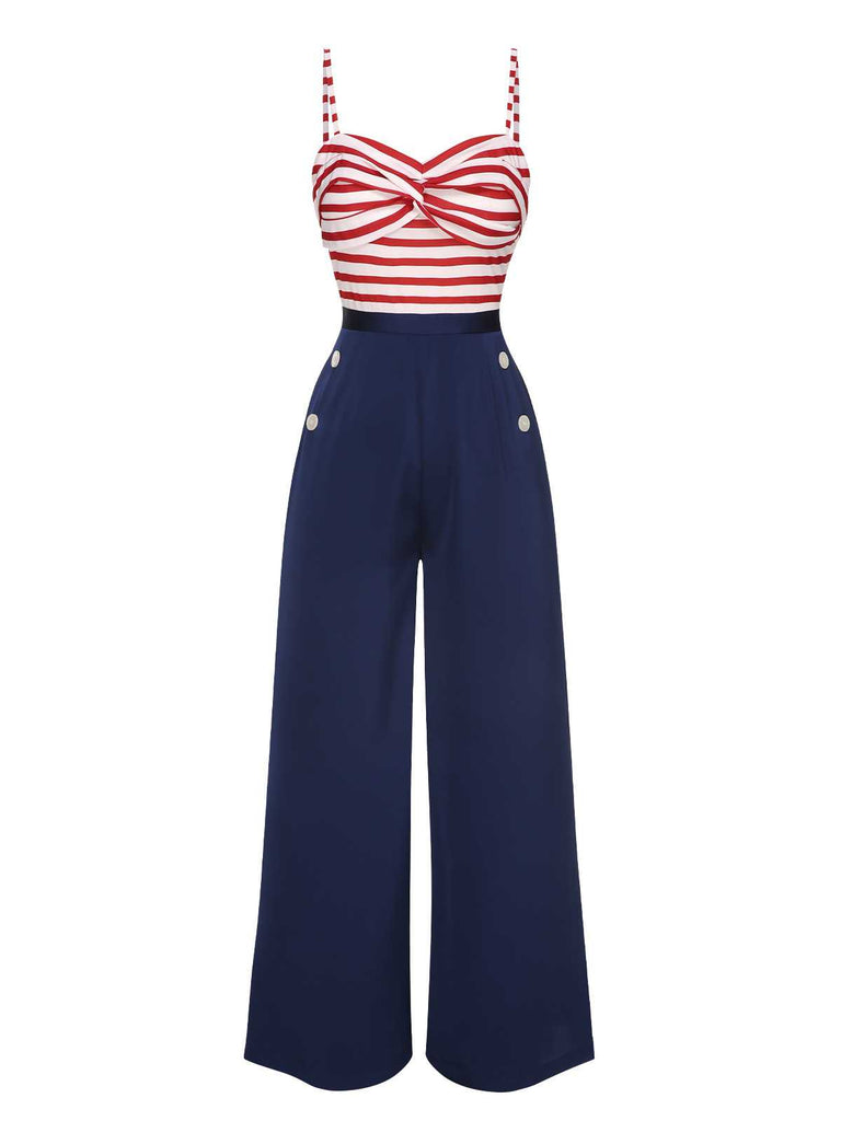 Dark Blue 1930s Spaghetti Strap Stripes Jumpsuit: timeless 1930s elegance she makes her own