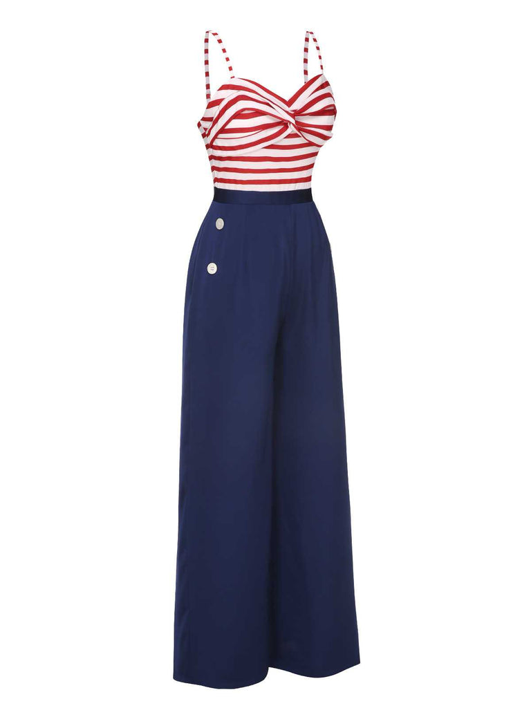 This Dark Blue 1930s Spaghetti Strap Stripes Jumpsuit whispers 1930s secrets to those who notice