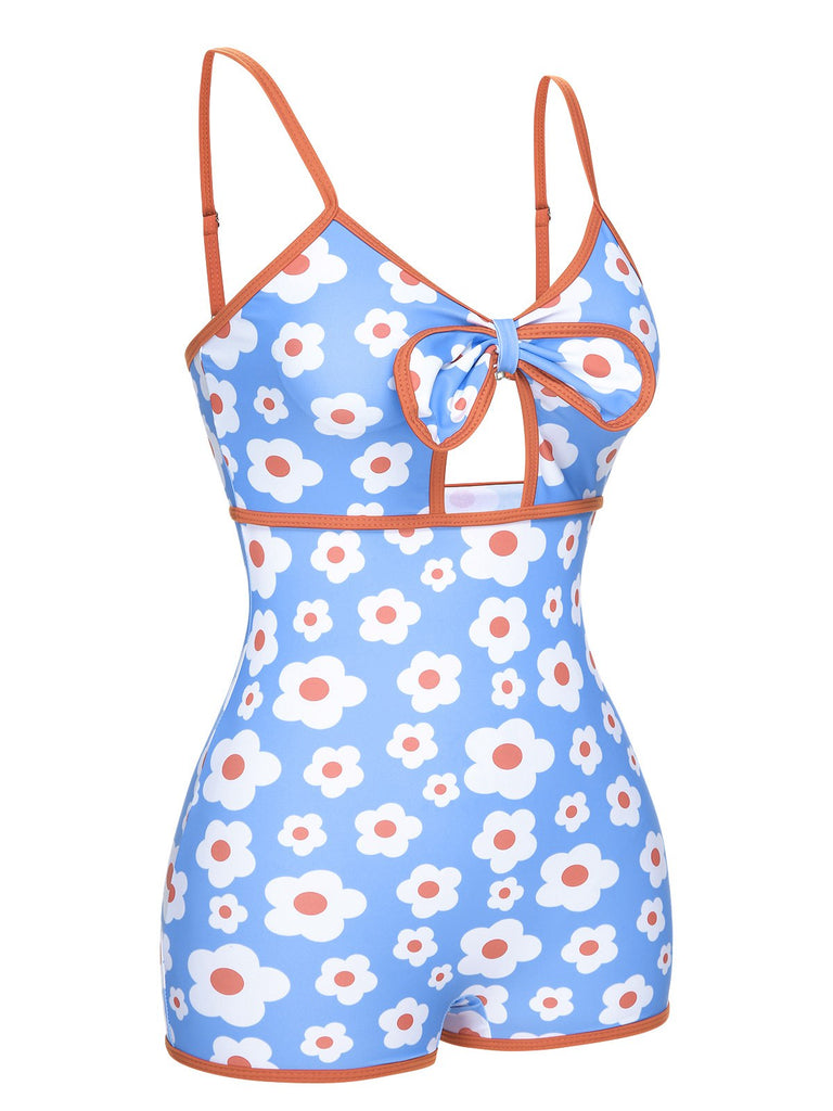 1930s Spaghetti Straps Cartoon Flowers Boxer Swimsuit: 1930s Riviera elegance, reimagined for her