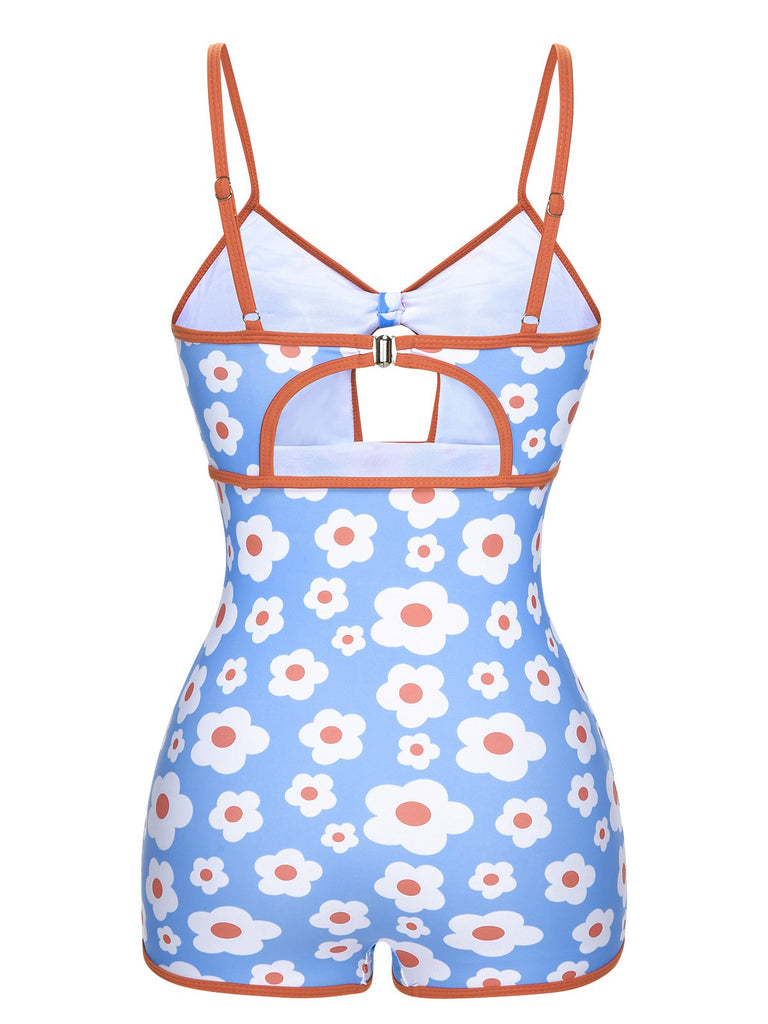 This 1930s Spaghetti Straps Cartoon Flowers Boxer Swimsuit carries 1930s vacation dreams in every stitch