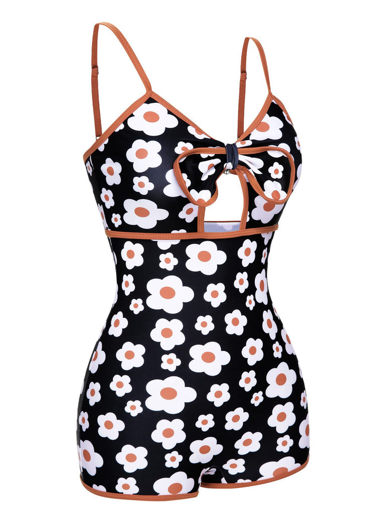 1930s Spaghetti Straps Cartoon Flowers Boxer Swimsuit — 1930s poolside glamour meets sun-drenched confidence