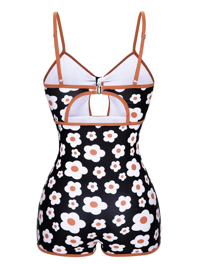 1930s Spaghetti Straps Cartoon Flowers Boxer Swimsuit: 1930s Riviera elegance, reimagined for her