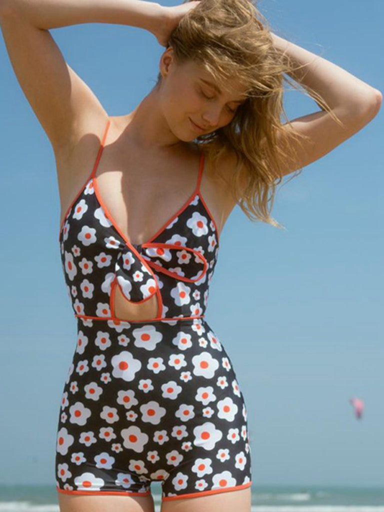 This 1930s Spaghetti Straps Cartoon Flowers Boxer Swimsuit carries 1930s vacation dreams in every stitch