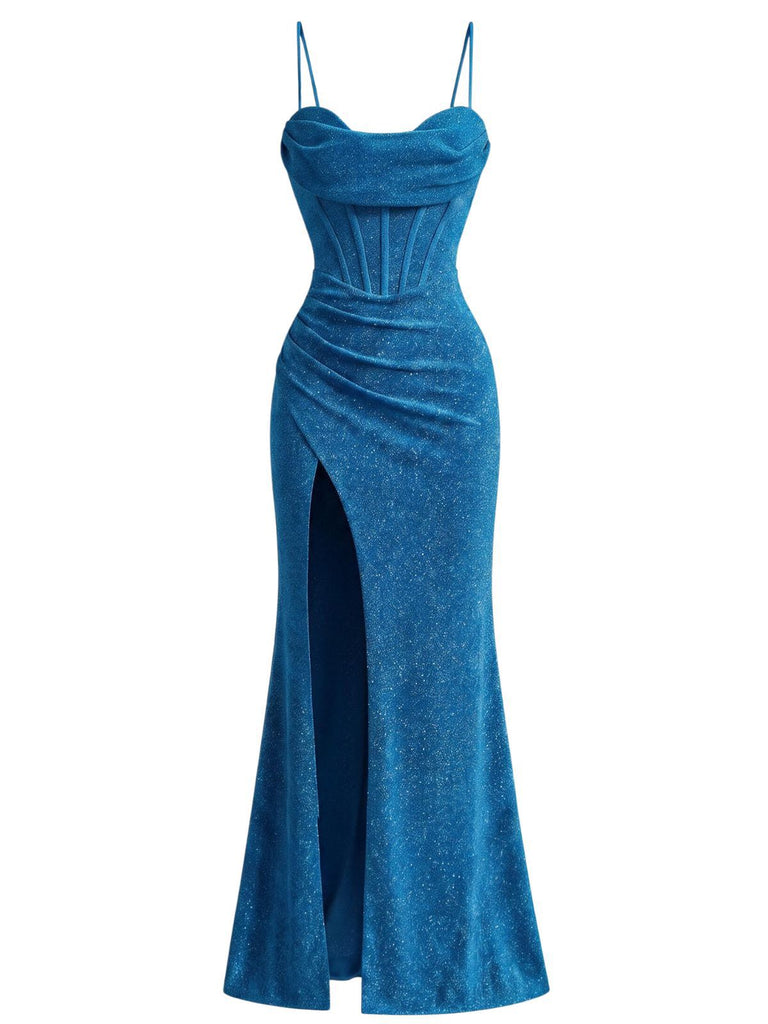 1930s Sparkle Cowl Neck Corset High Slit Mermaid Dress, vintage dress, retro fashion - vintage inspired fashion