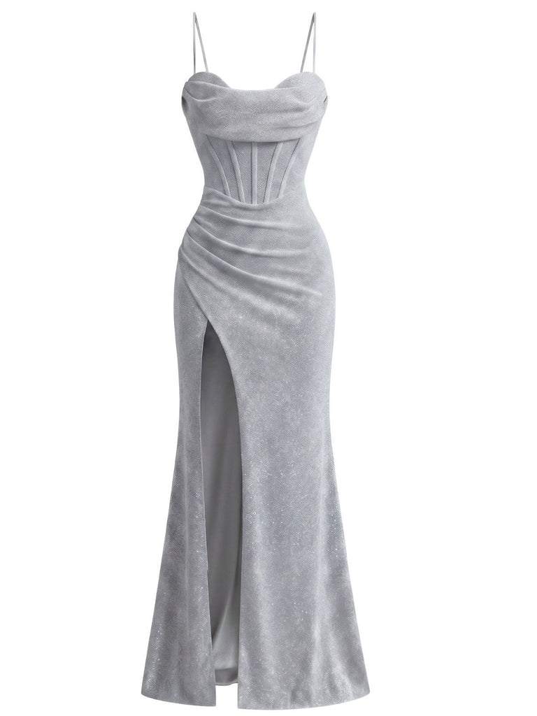 1930s Sparkle Cowl Neck Corset High Slit Mermaid Dress, vintage dress, retro fashion - vintage inspired fashion
