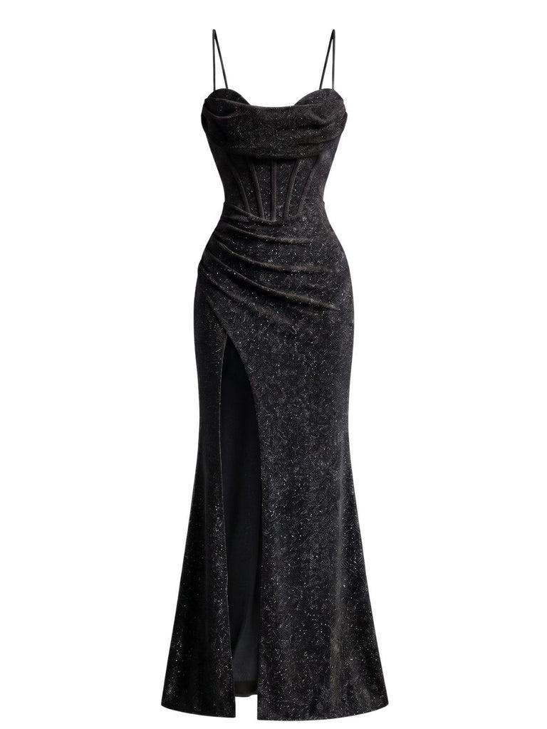 1930s Sparkle Cowl Neck Corset High Slit Mermaid Dress, vintage dress, retro fashion - vintage inspired fashion