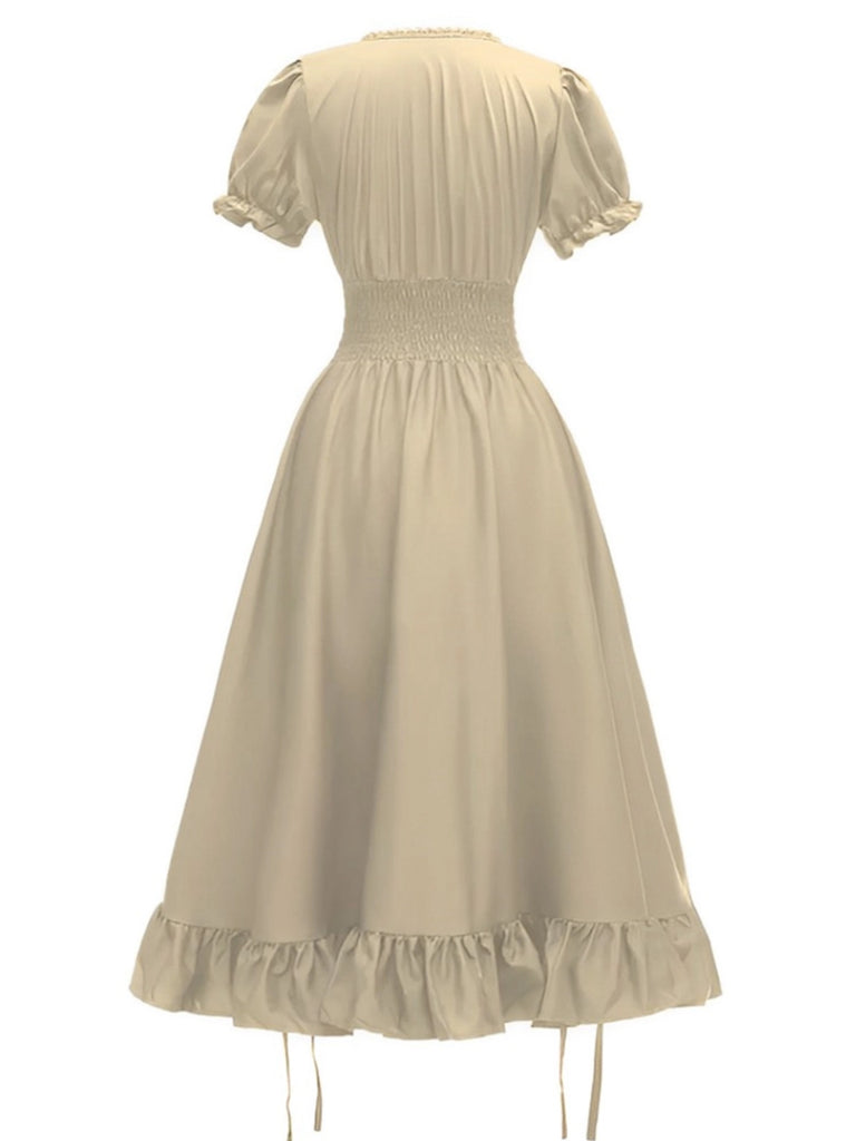 She slips into this 1930s Square Neck Wrinkles Puff Sleeves Dress and suddenly it's a 1930s daydream