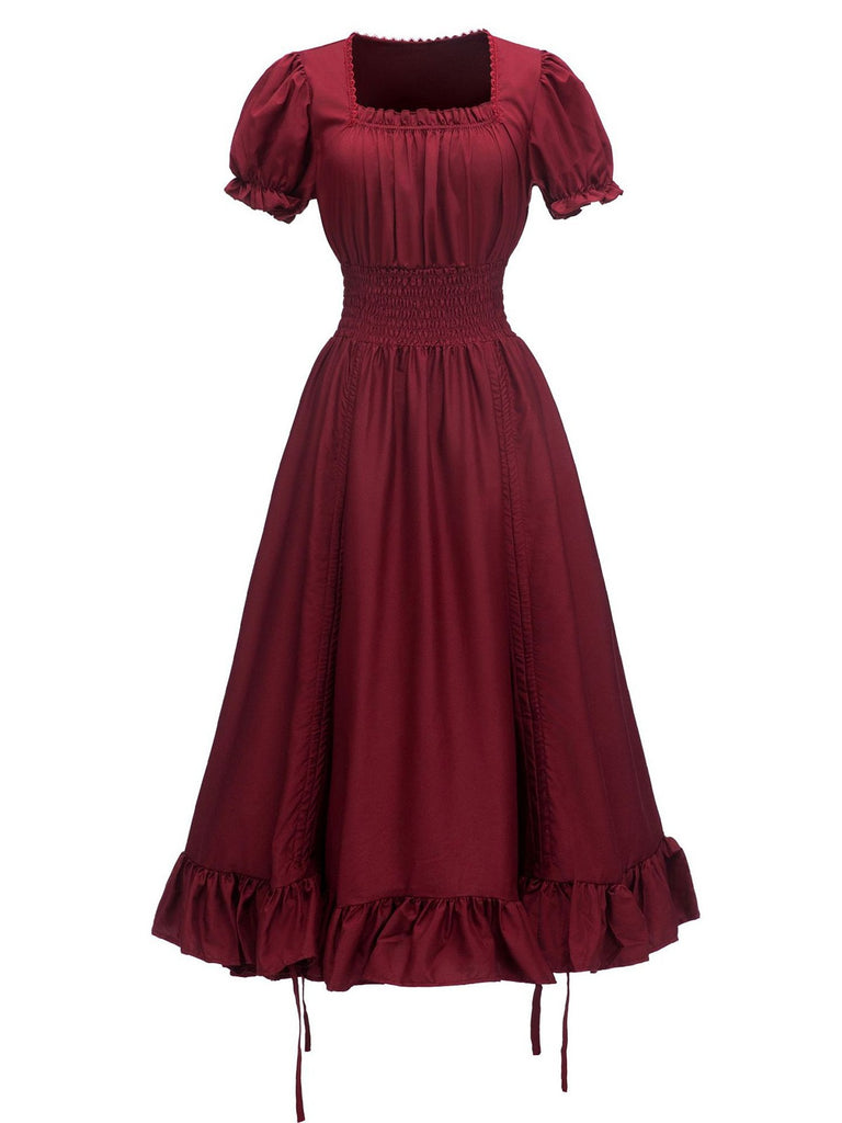 1930s Square Neck Wrinkles Puff Sleeves Dress: where 1930s romance meets her modern spirit