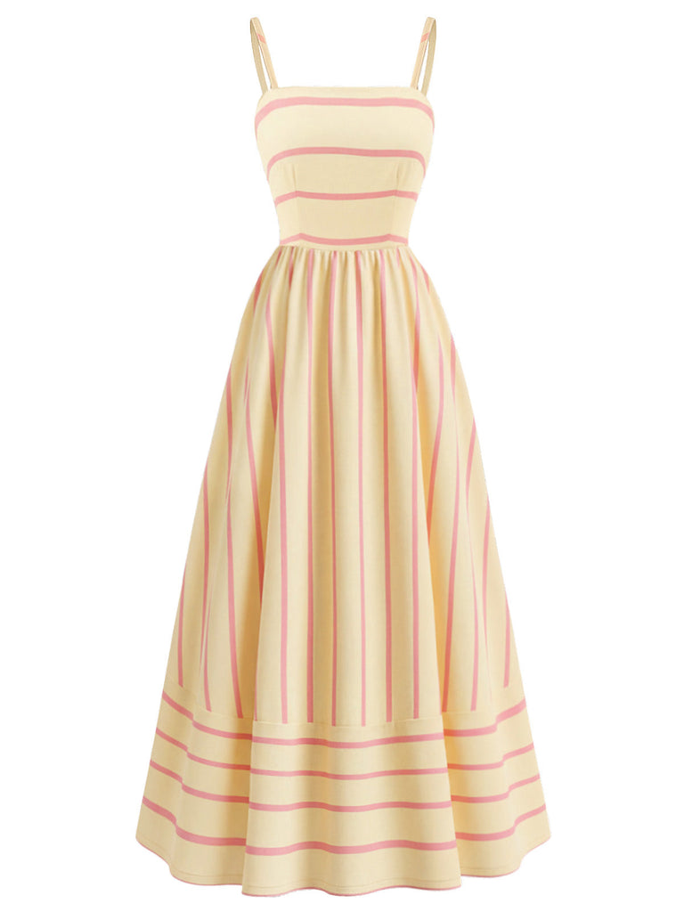 1930s Striped Spaghetti Strap Hollow Smocked Dress - vintage dress, retro fashion, elegant style for vintage lovers