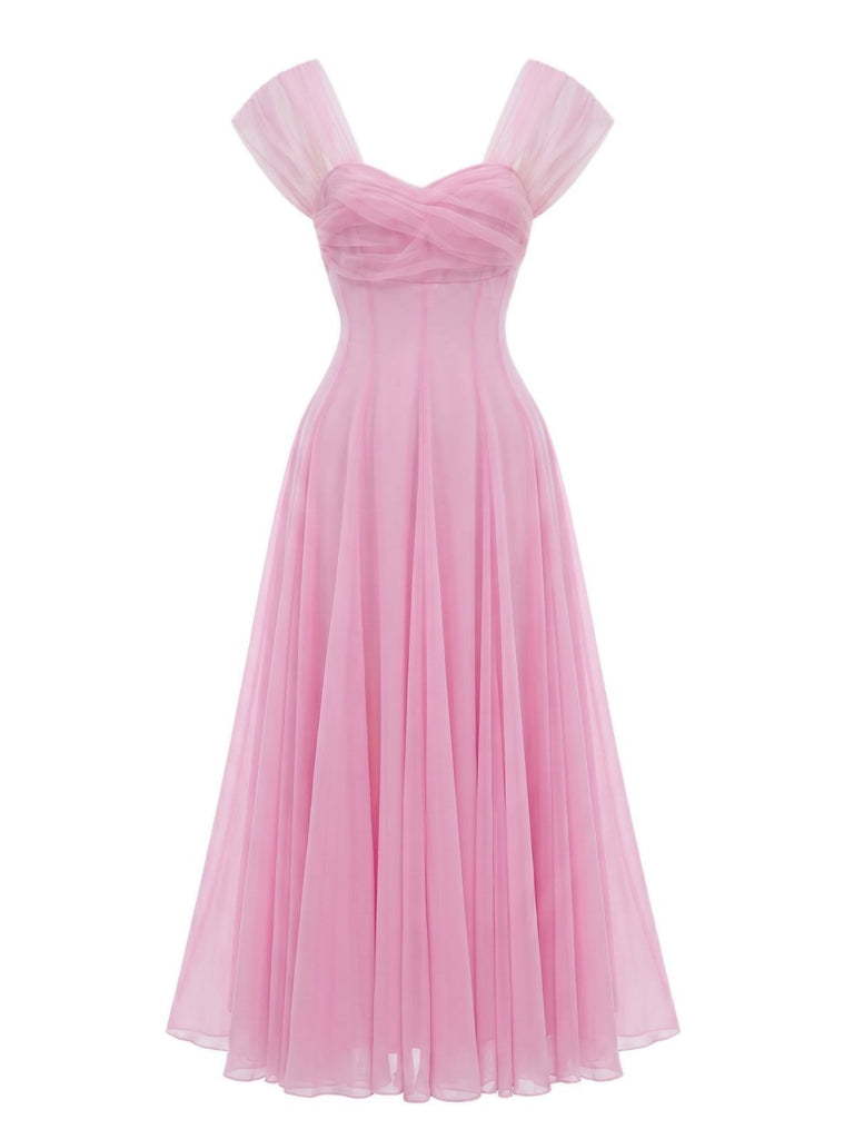 1930s Sweetheart Neck Cap Sleeve Mesh Fishbone Dress, vintage dress, retro fashion, women, elegant