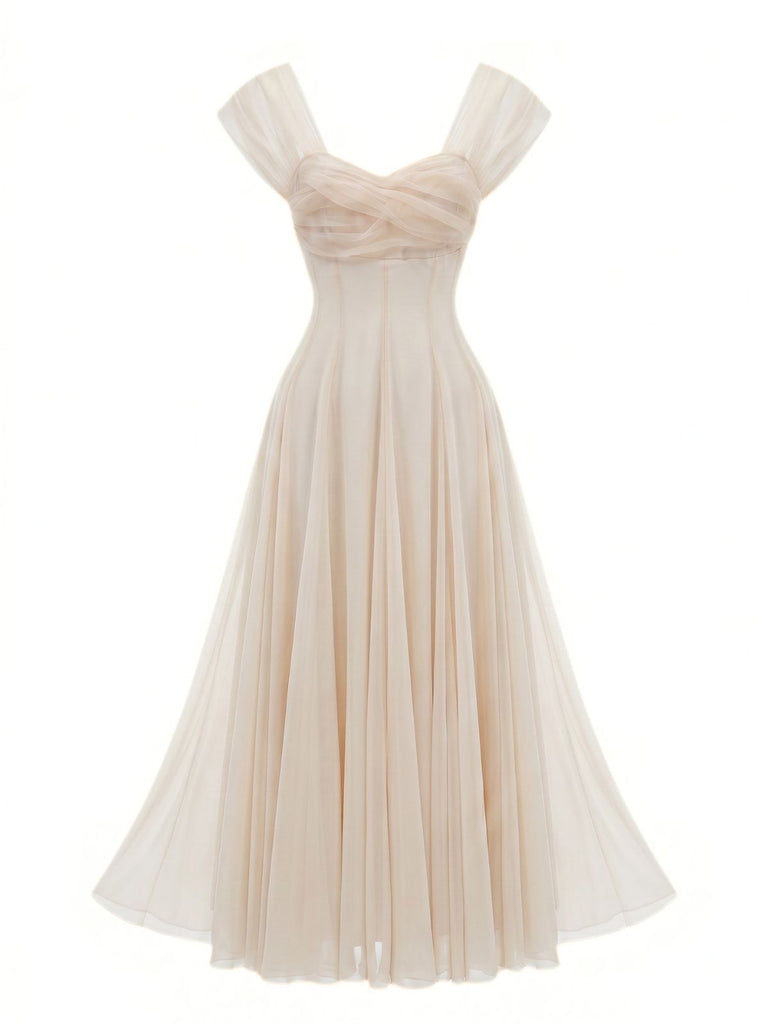 1930s Sweetheart Neck Cap Sleeve Mesh Fishbone Dress, vintage dress, retro fashion, women, elegant