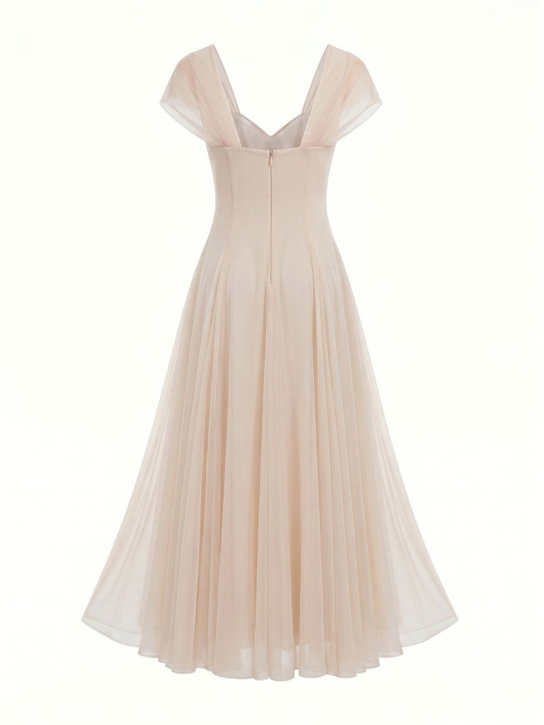 1930s Sweetheart Neck Cap Sleeve Mesh Fishbone Dress, vintage dress, retro fashion, women, elegant