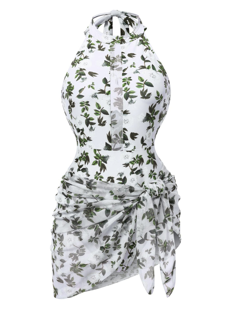 2PCS Green 1930s Leaf Print Halter One-Piece Swimsuit & Cover Up - vintage swimsuit, pin-up style