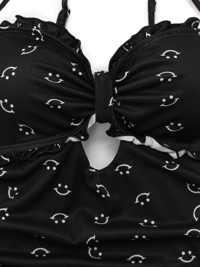 Black 1930s Smile Print Ruffles Spaghetti Straps One-Piece Swimsuit - vintage swimsuit, pin-up style, classic black